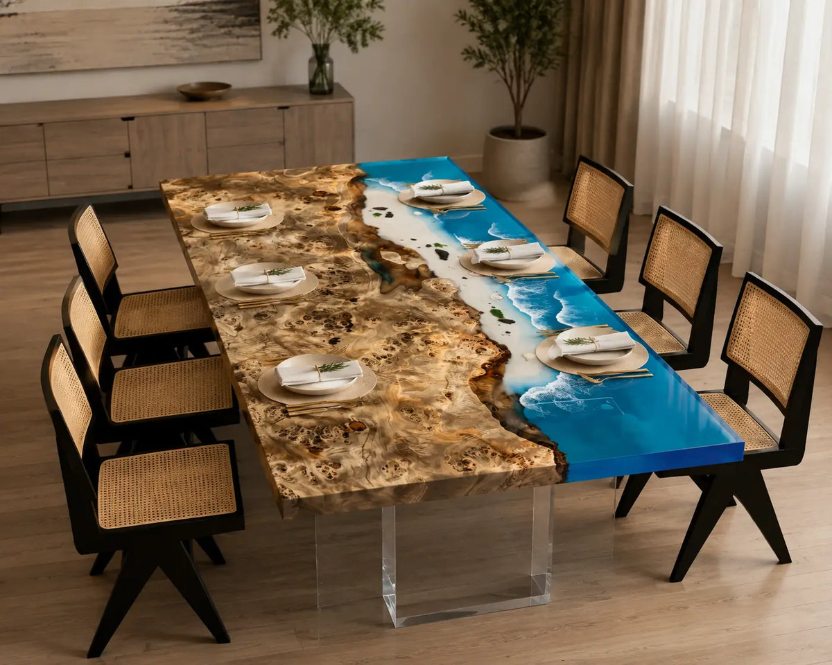 Azure Shore Ocean Blue & White Surf Epoxy Poplar Dining Table DT67
