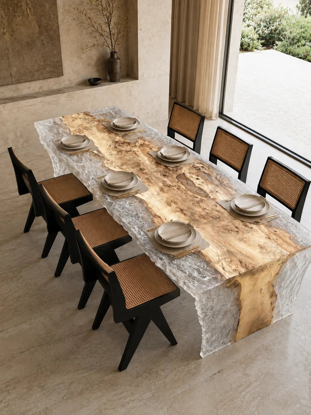 Crystal Glacier crystal clear with white crystal aggregate epoxy poplar dining table DT68