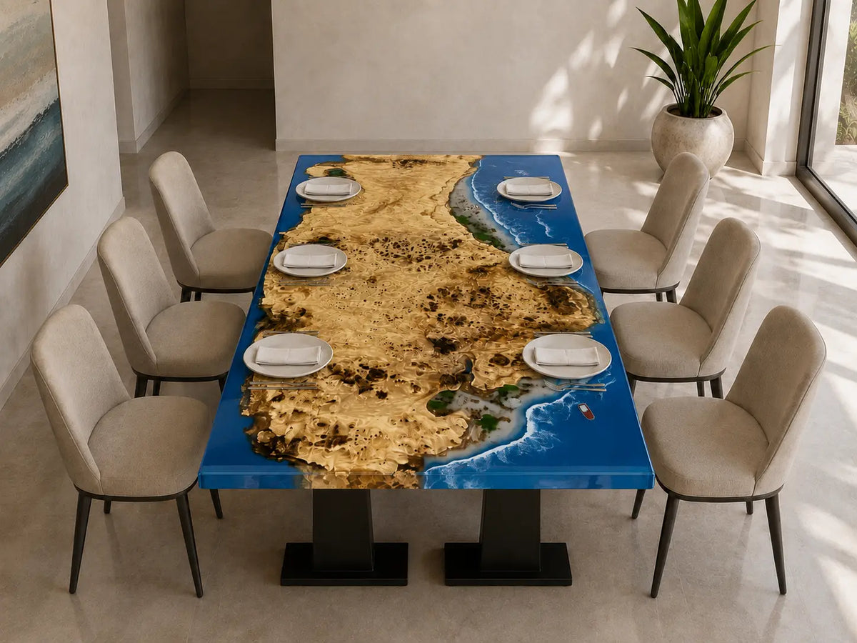 Azure Coastline ocean blue with white surf epoxy poplar dining table DT71