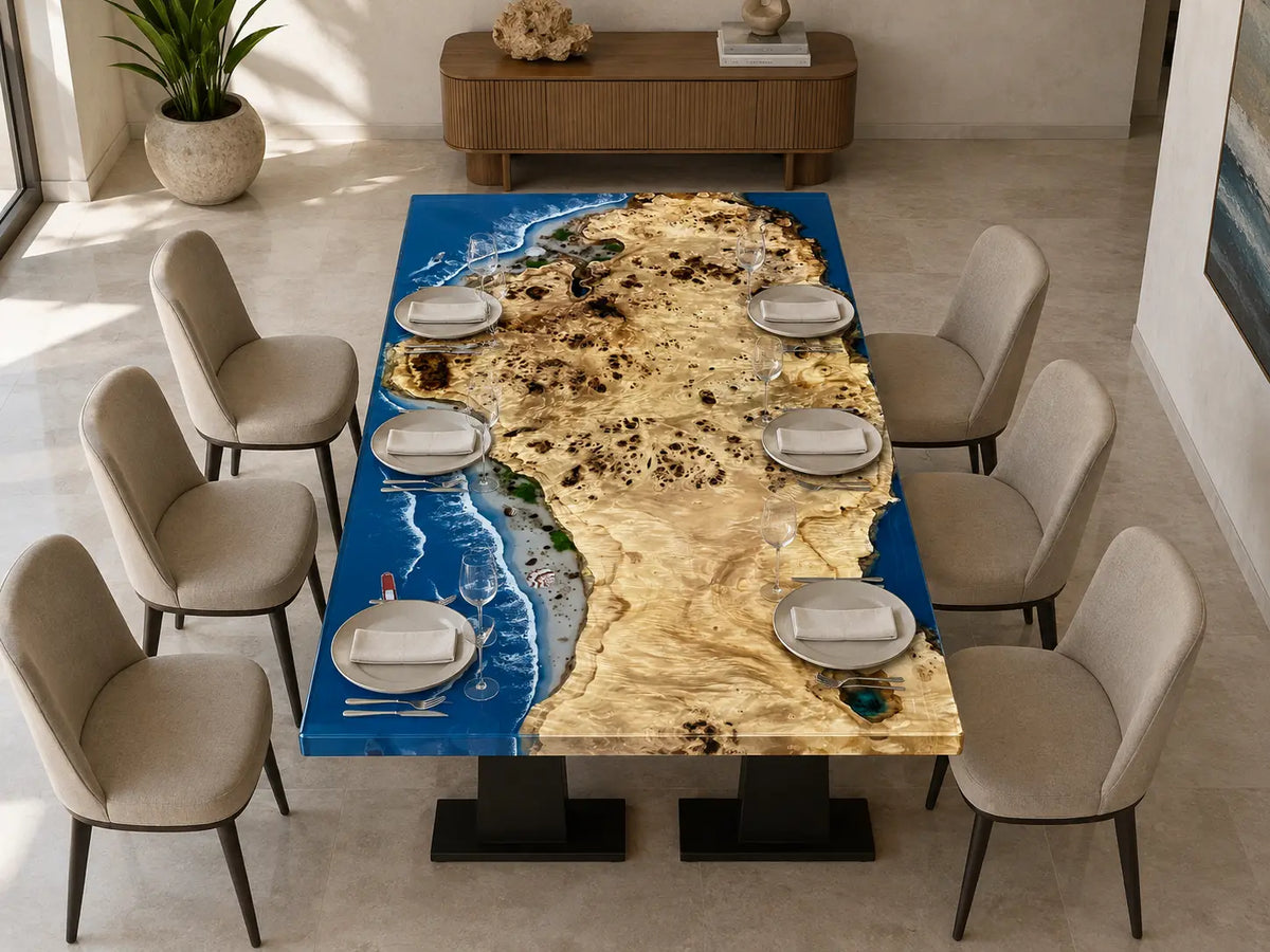 Azure Coastline Ocean Blue & White Surf Epoxy Poplar Dining Table DT71