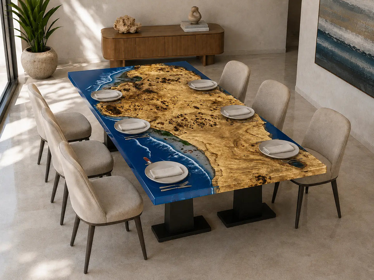 Azure Coastline Ocean Blue & White Surf Epoxy Poplar Dining Table DT71
