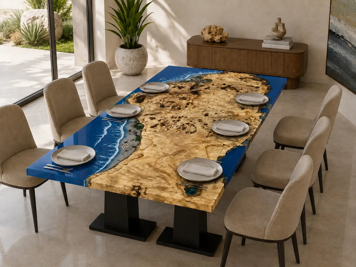Azure Coastline Ocean Blue & White Surf Epoxy Poplar Dining Table DT71
