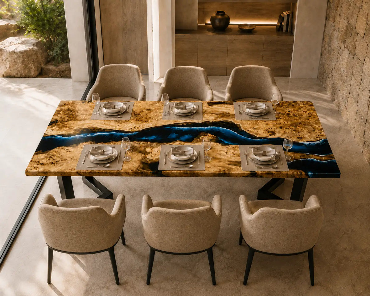 Midnight Current midnight blue with turquoise highlights epoxy river poplar dining table DT72