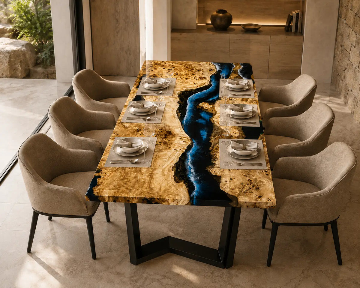 Midnight Current Midnight Blue & Turquoise Highlights Epoxy River Poplar Dining Table DT72