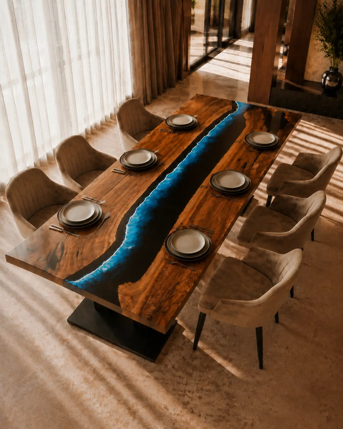 Midnight Surf midnight blue with white surf epoxy river olive wood dining table DT73