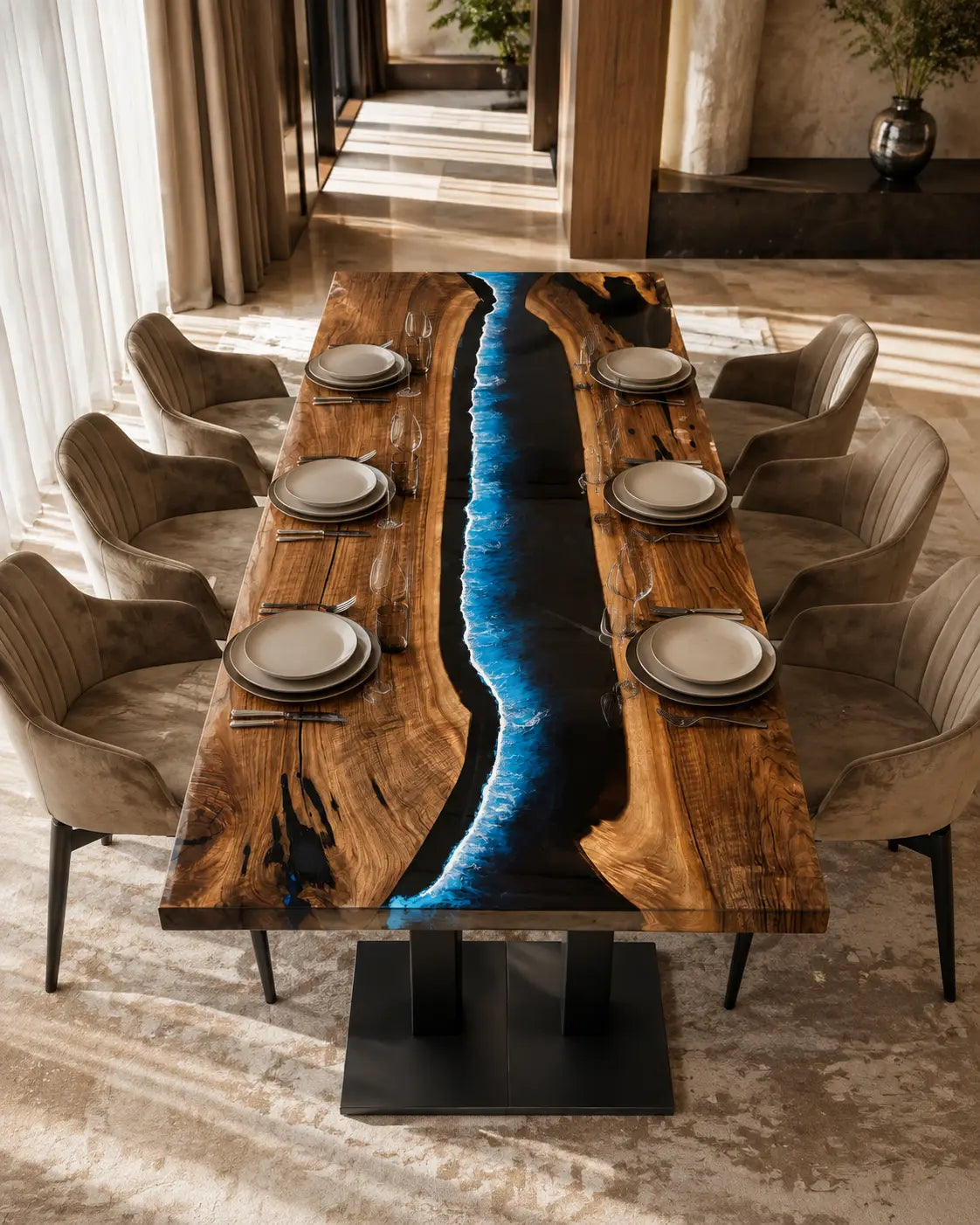 Midnight Surf Midnight Blue & White Surf Epoxy River Olive Wood Dining Table DT73