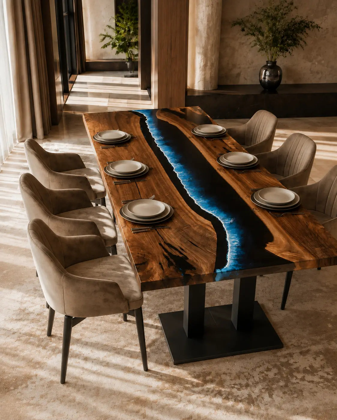 Midnight Surf Midnight Blue & White Surf Epoxy River Olive Wood Dining Table DT73