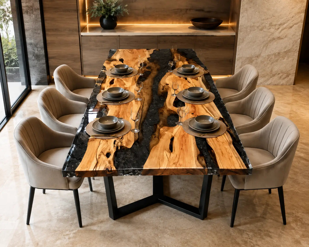 Onyx Archipelago Opaque Black Epoxy Olive Wood Dining Table DT74