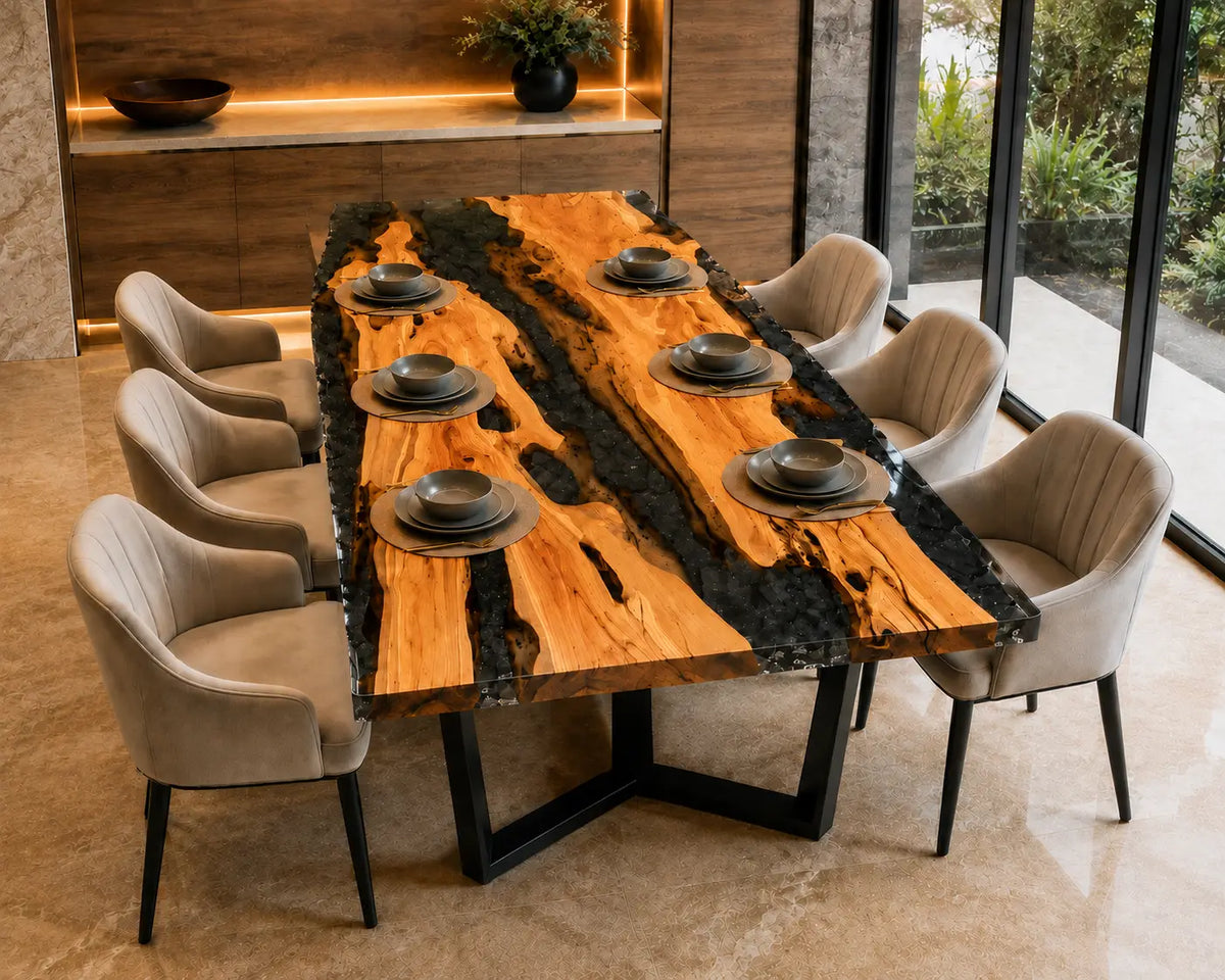 Onyx Archipelago Opaque Black Epoxy Olive Wood Dining Table DT74