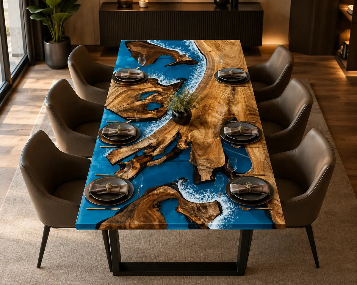 Azure Archipelago ocean blue with white surf epoxy olive wood dining table DT75