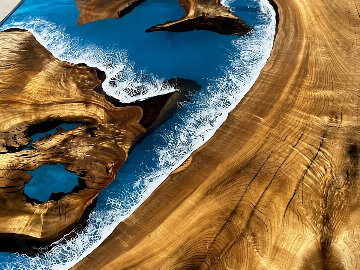 Azure Archipelago Ocean Blue & White Surf Epoxy Olive Wood Dining Table DT75