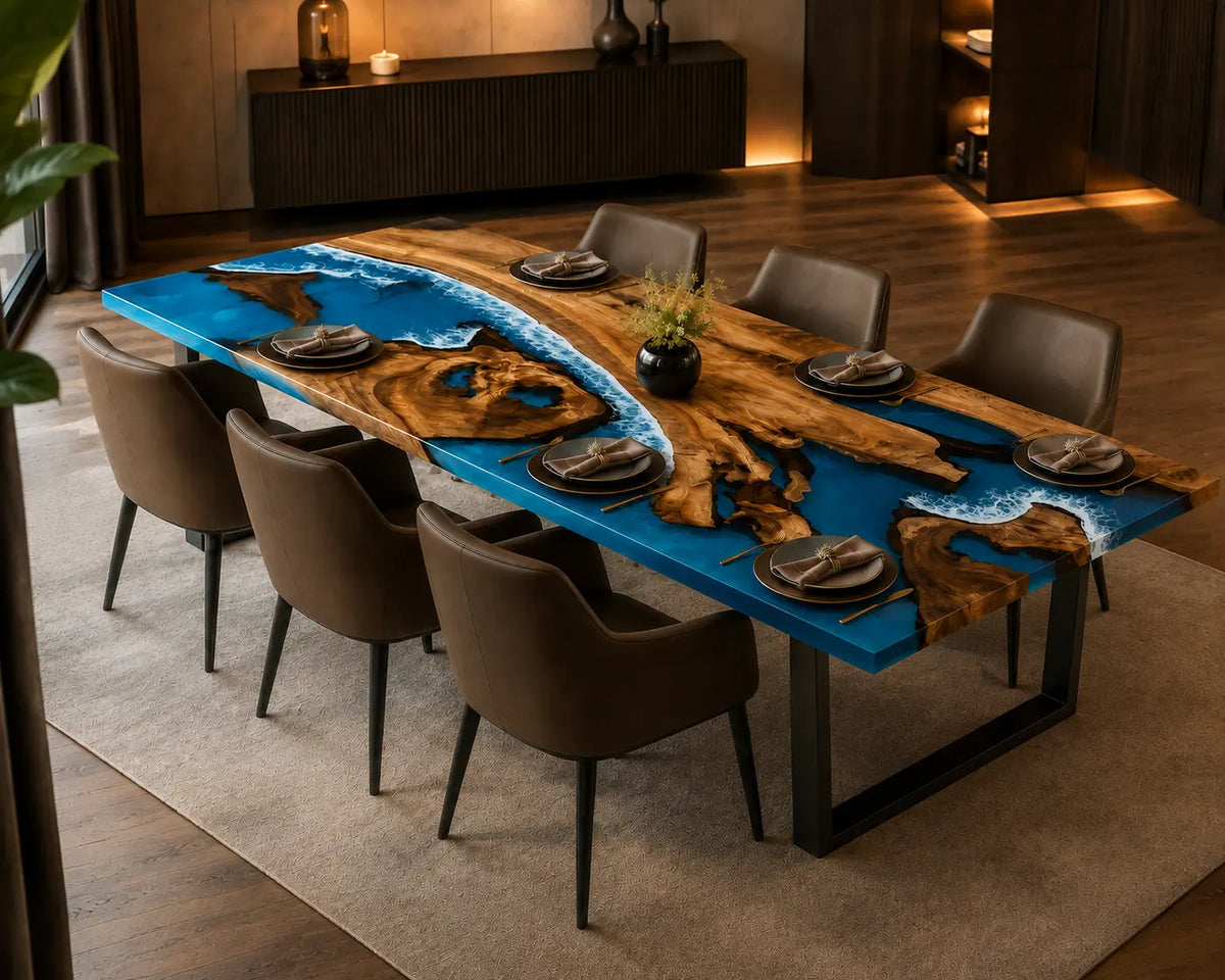 Azure Archipelago Ocean Blue & White Surf Epoxy Olive Wood Dining Table DT75