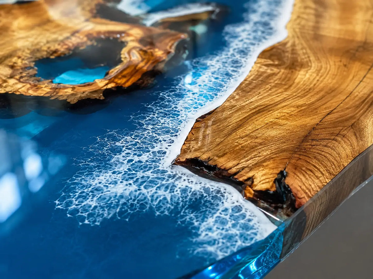 Azure Archipelago Ocean Blue & White Surf Epoxy Olive Wood Dining Table DT75