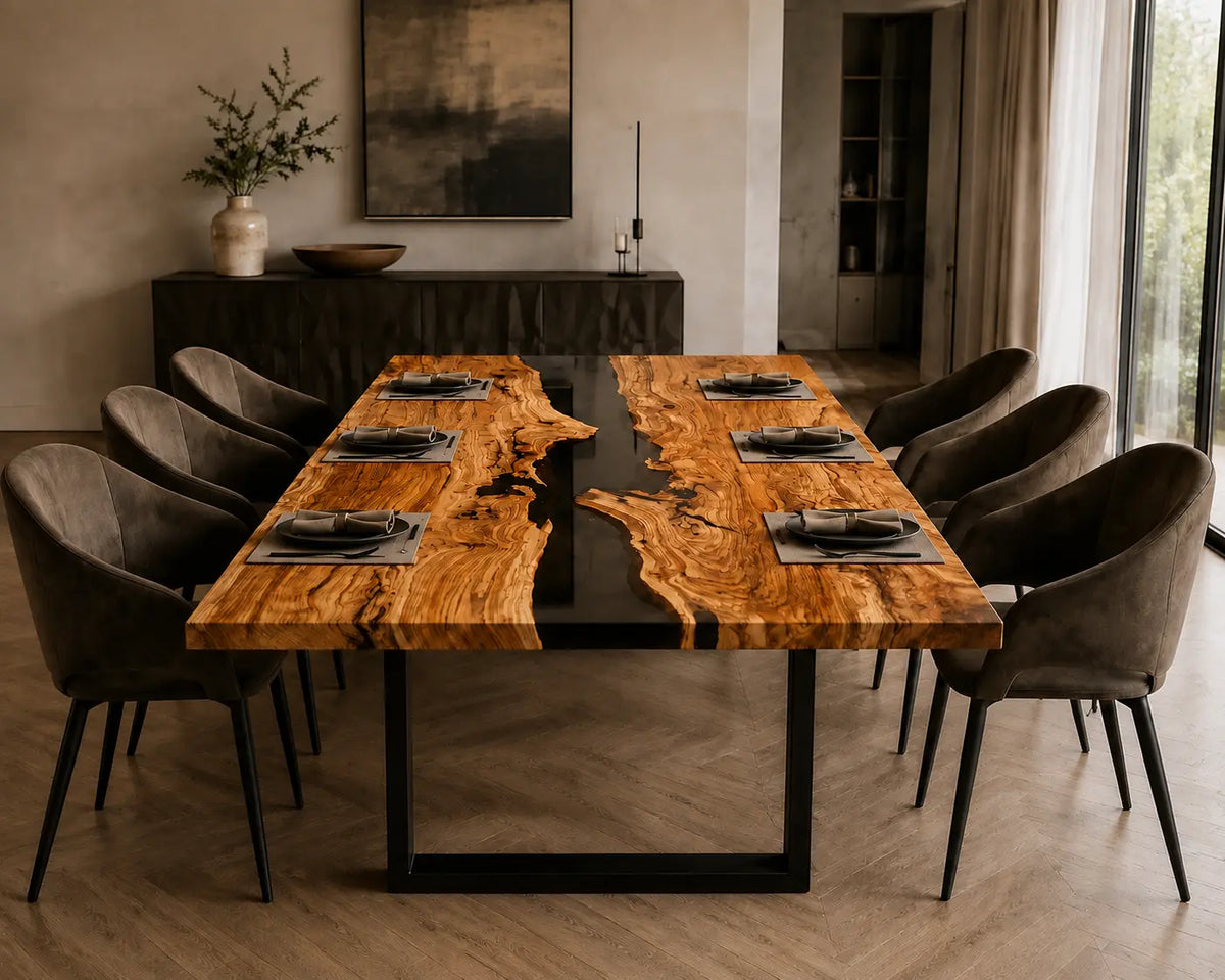 Smoke Divide smoky black transparent epoxy river olive wood dining table DT76