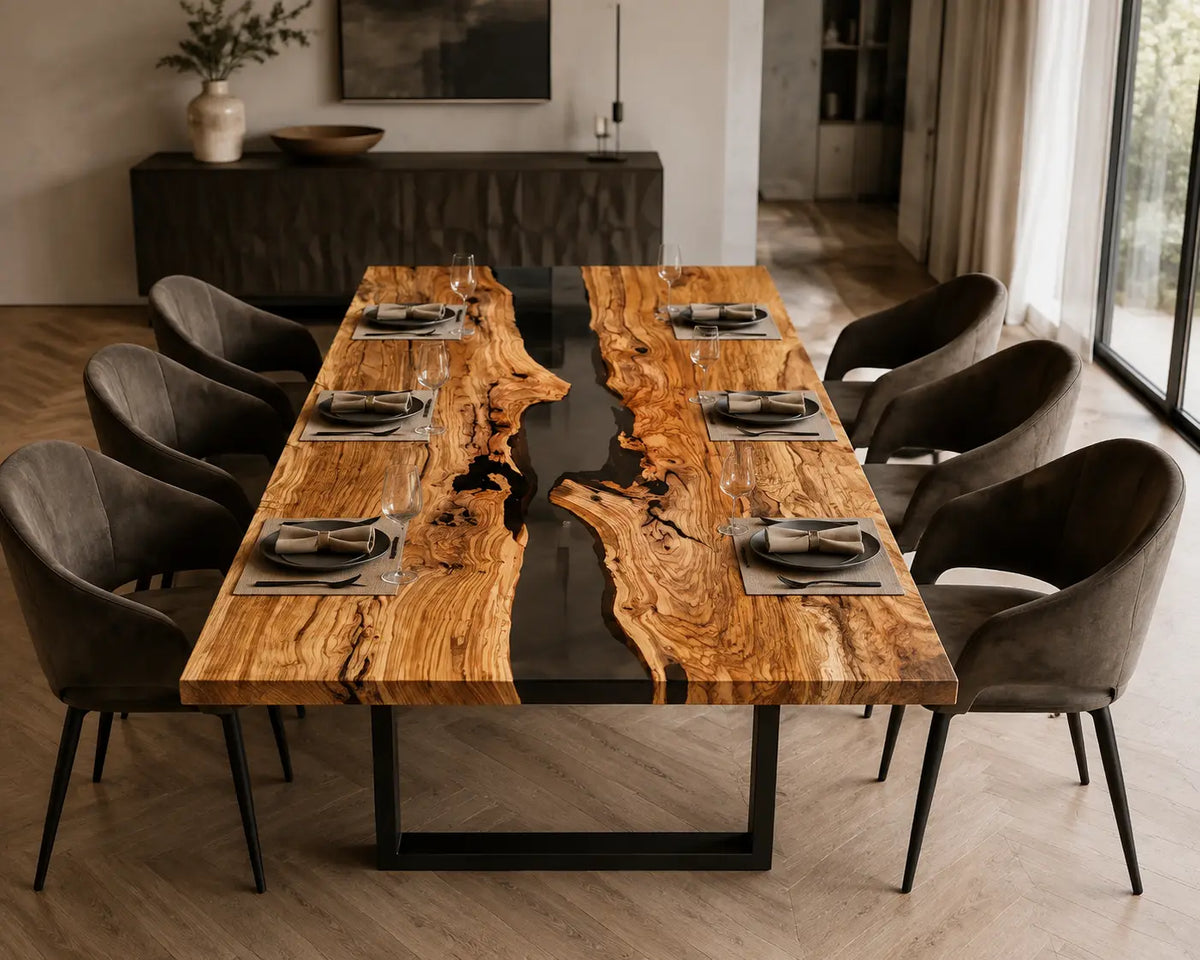 Smoke Divide Smoky Black Transparent Epoxy River Olive Wood Dining Table DT76