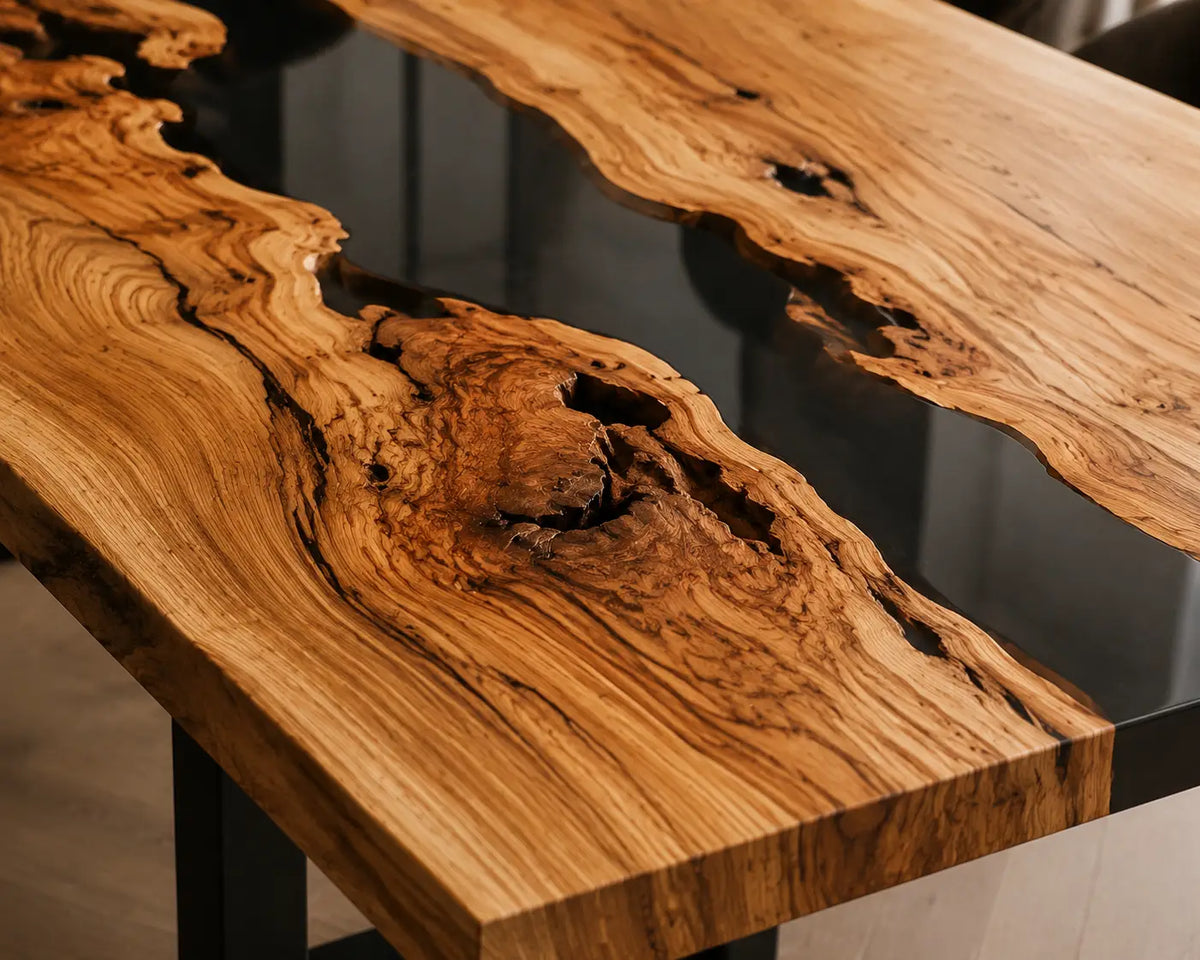 Smoke Divide Smoky Black Transparent Epoxy River Olive Wood Dining Table DT76