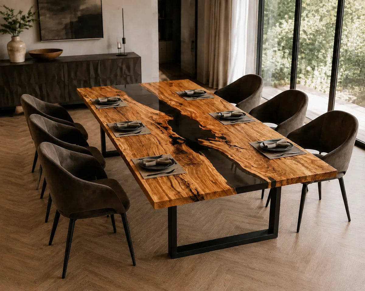 Smoke Divide Smoky Black Transparent Epoxy River Olive Wood Dining Table DT76
