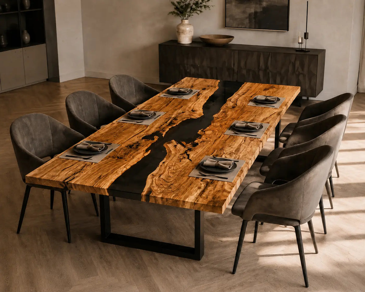 Smoke Divide Smoky Black Transparent Epoxy River Olive Wood Dining Table DT76