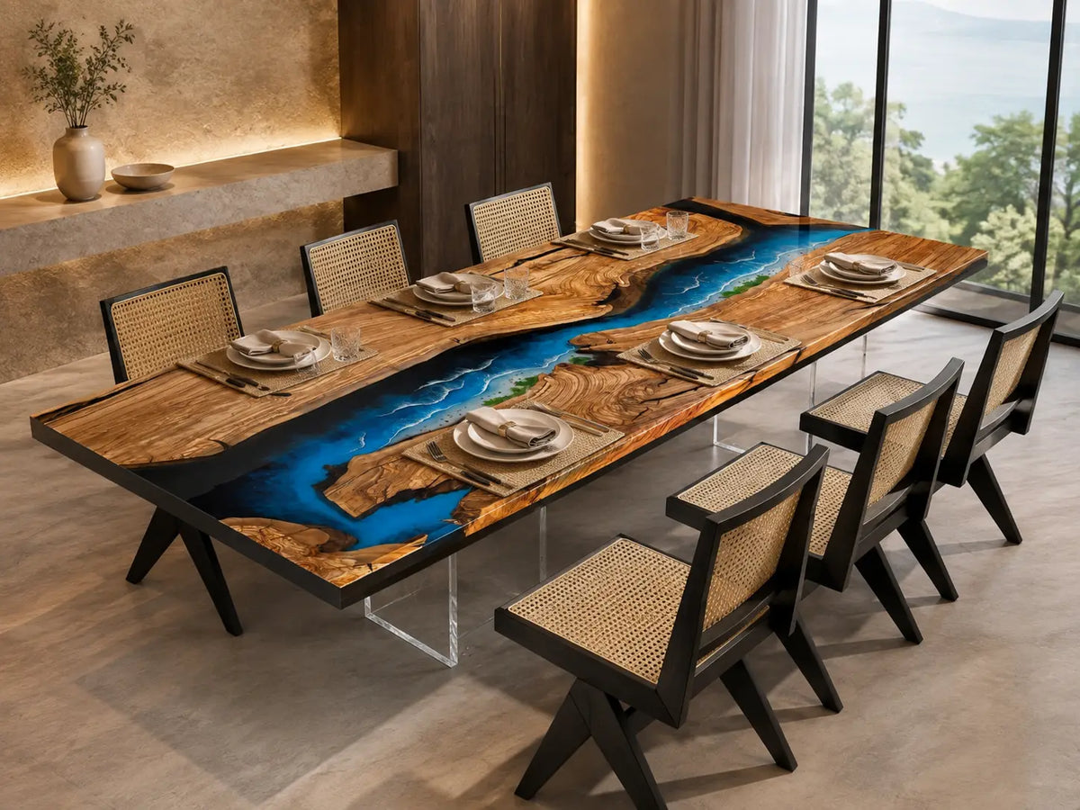 Azure Passage ocean blue with white surf epoxy river olive wood dining table DT77