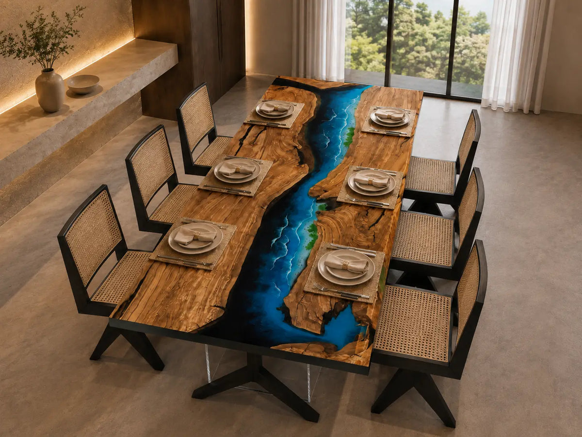 Azure Archipelago Ocean Blue & White Surf Epoxy Olive Wood Dining Table DT75