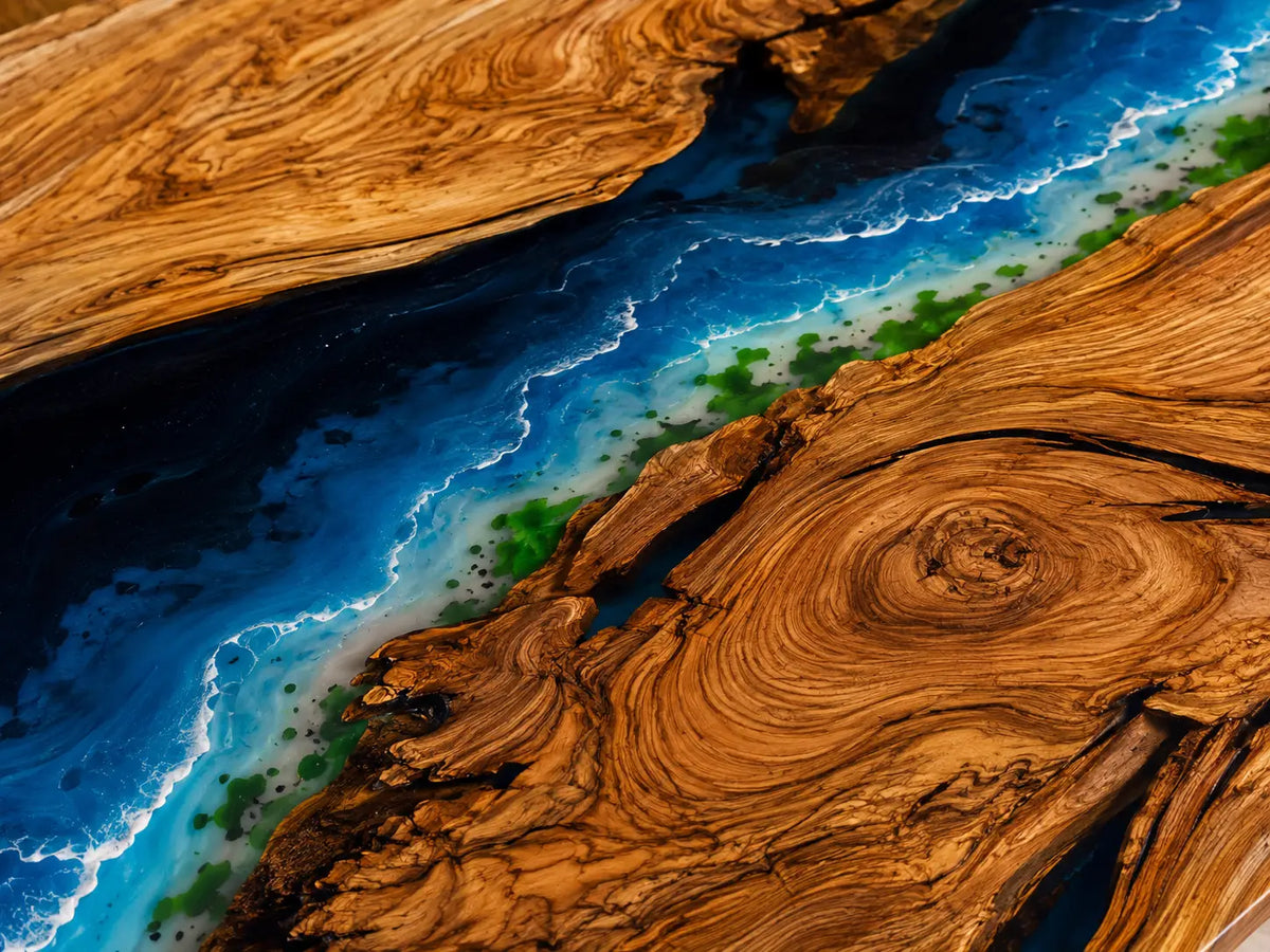 Azure Passage Ocean Blue & White Surf Epoxy River Olive Wood Dining Table DT77