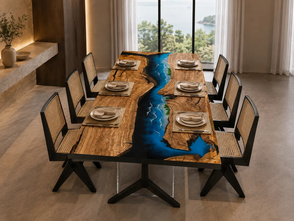 Azure Passage Ocean Blue & White Surf Epoxy River Olive Wood Dining Table DT77