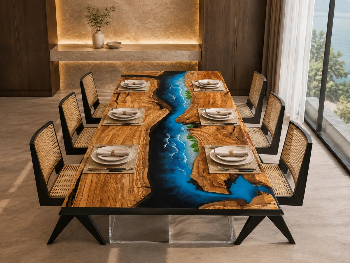 Azure Passage Ocean Blue & White Surf Epoxy River Olive Wood Dining Table DT77