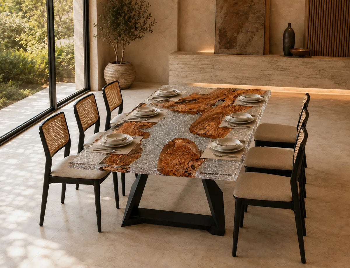 Lucent Islands crystal clear epoxy olive wood dining table DT78