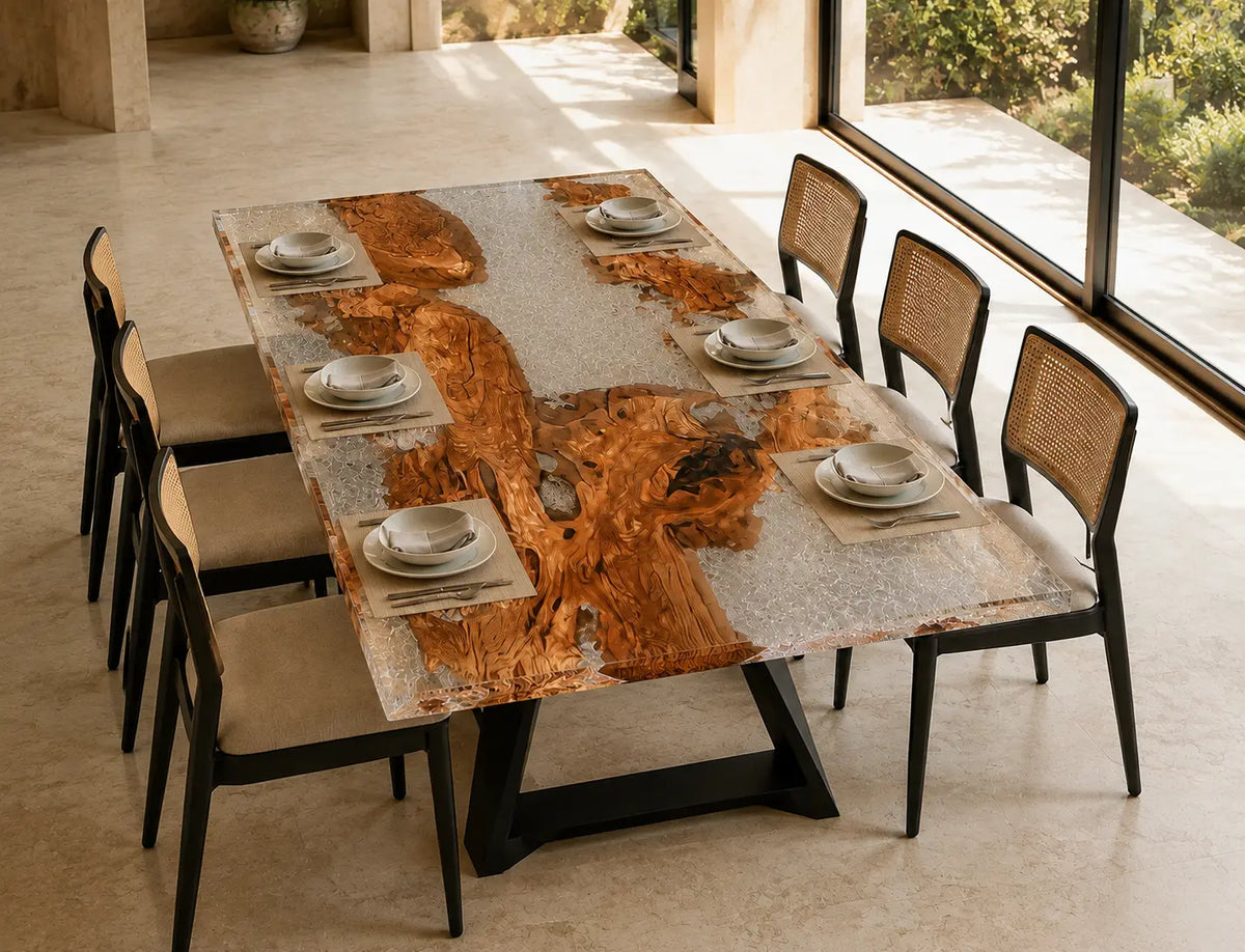 Lucent Islands Crystal Clear Epoxy Olive Wood Dining Table DT78