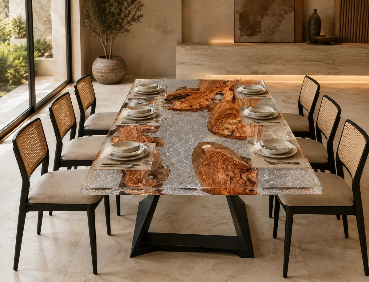 Lucent Islands Crystal Clear Epoxy Olive Wood Dining Table DT78