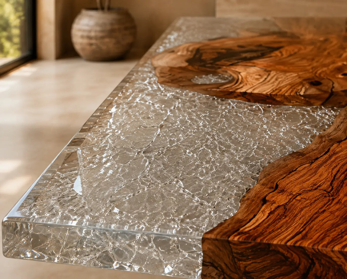 Lucent Islands Crystal Clear Epoxy Olive Wood Dining Table DT78
