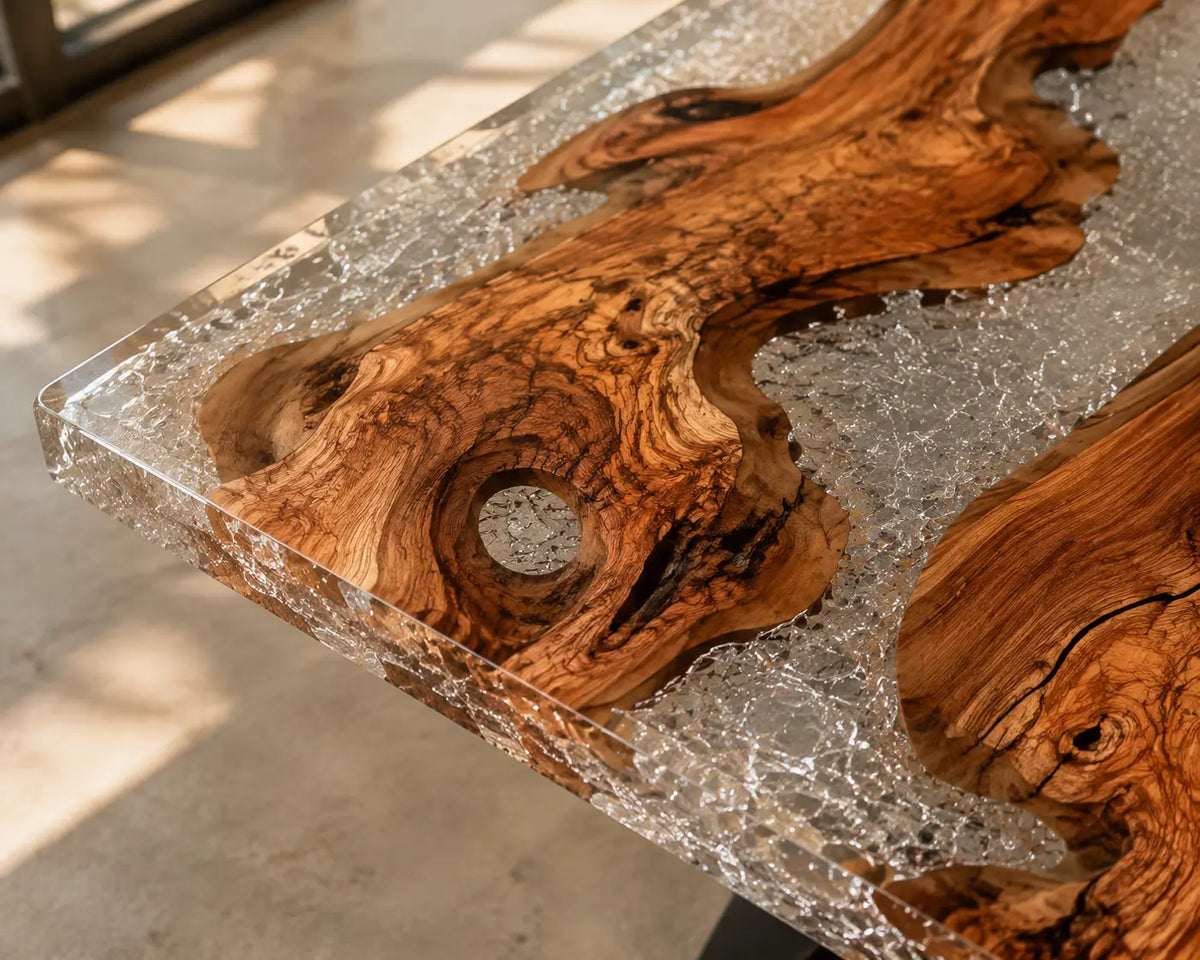 Lucent Islands Crystal Clear Epoxy Olive Wood Dining Table DT78