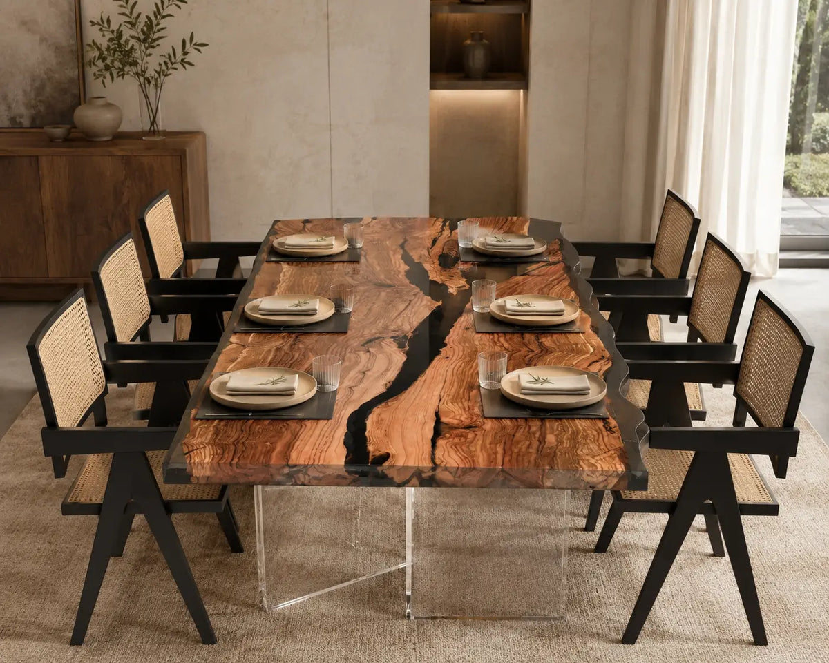 Onyx Fissure opaque black epoxy river olive wood dining table DT79