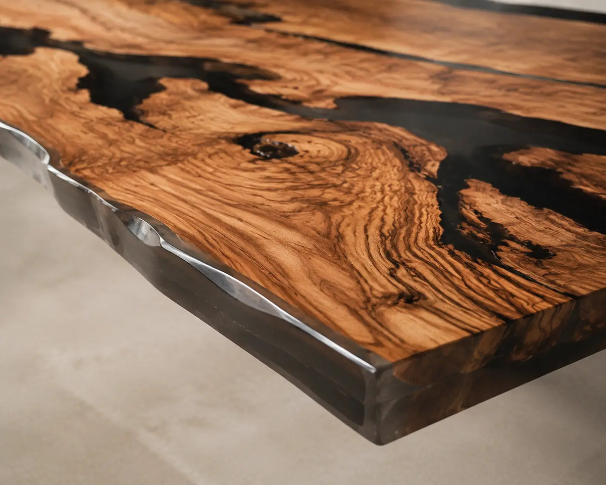 Onyx Fissure Opaque Black Epoxy River Olive Wood Dining Table DT79