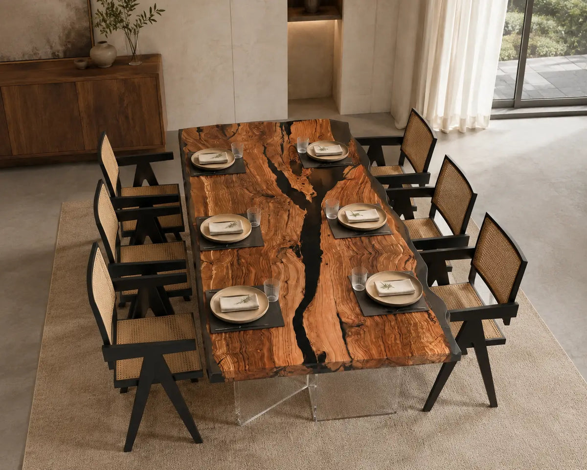 Onyx Fissure Opaque Black Epoxy River Olive Wood Dining Table DT79