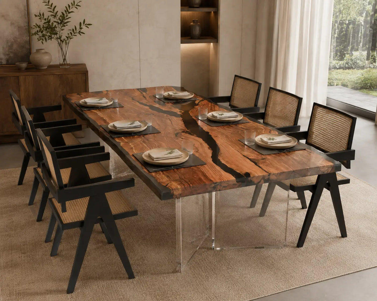 Onyx Fissure Opaque Black Epoxy River Olive Wood Dining Table DT79