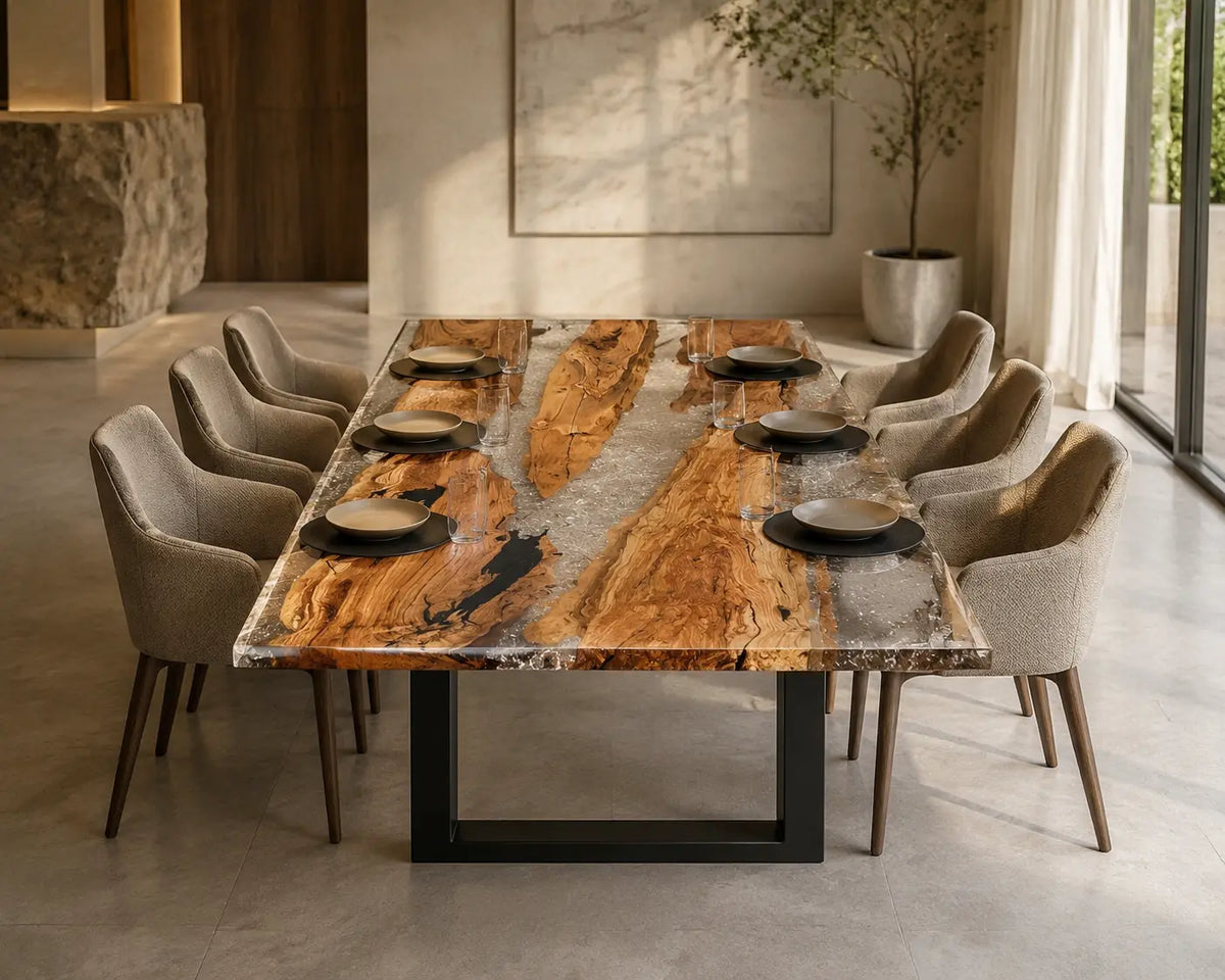 Lucent Divide crystal clear epoxy river olive wood dining table DT80
