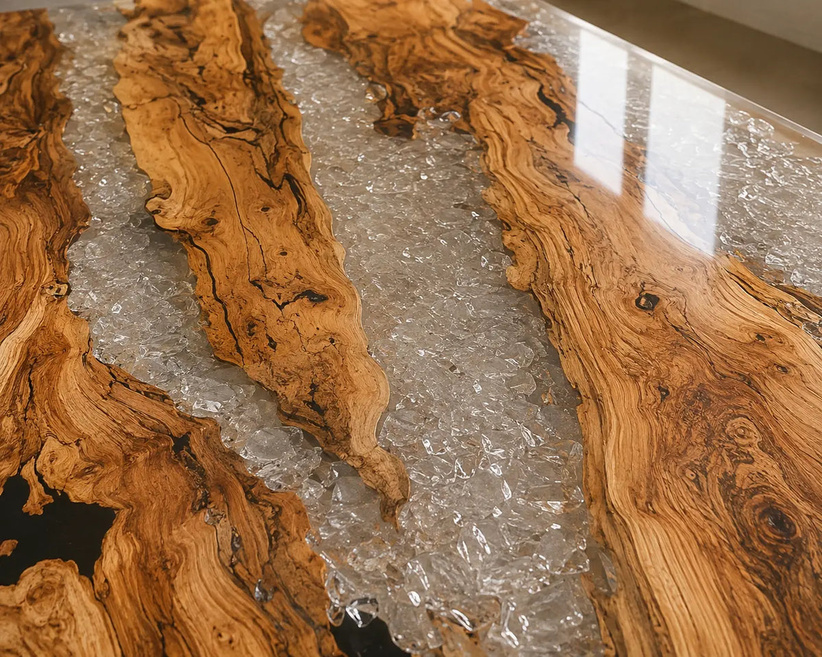 Lucent Divide Crystal Clear Epoxy River Olive Wood Dining Table DT80