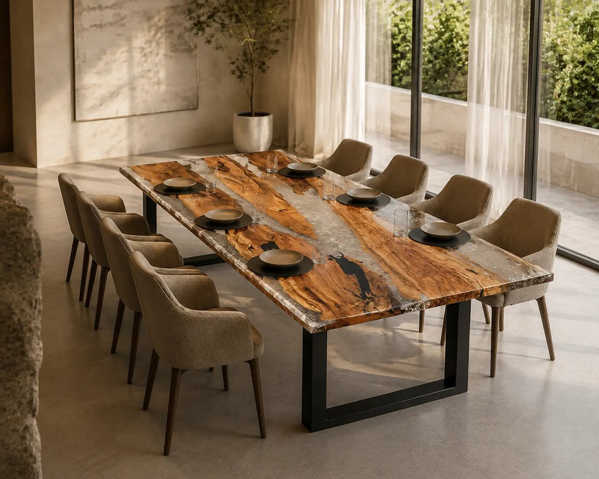 Lucent Divide Crystal Clear Epoxy River Olive Wood Dining Table DT80