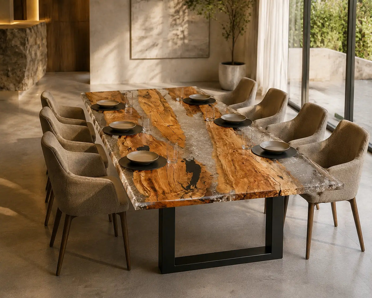 Lucent Divide Crystal Clear Epoxy River Olive Wood Dining Table DT80
