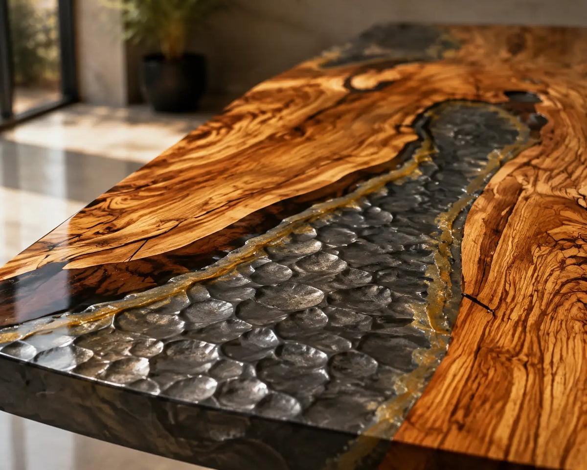 Smoky Crystal Channel Smoky Transparent Gray & Crystal Aggregate Epoxy River Olive Wood Dining Table DT81