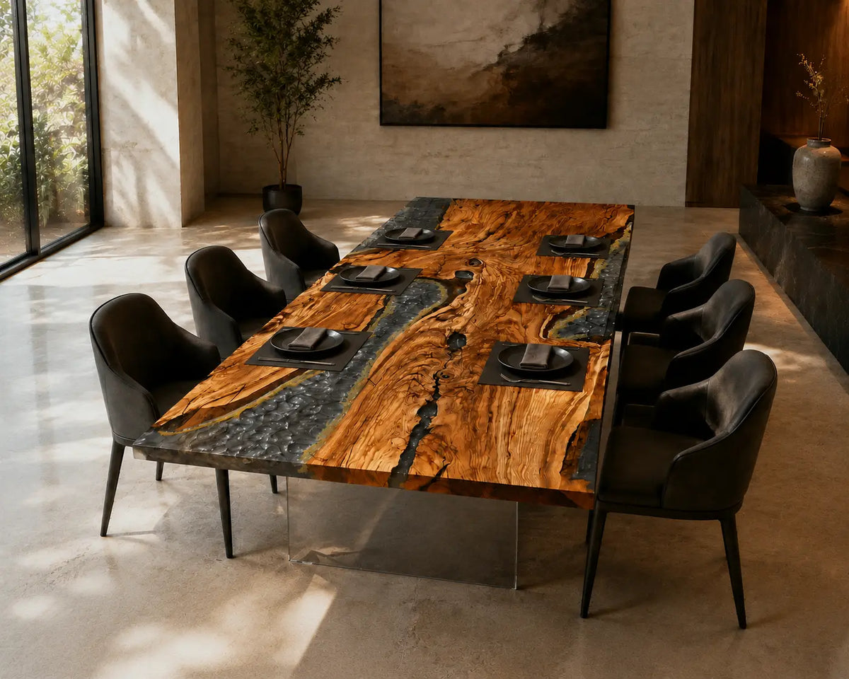 Smoky Crystal Channel Smoky Transparent Gray & Crystal Aggregate Epoxy River Olive Wood Dining Table DT81