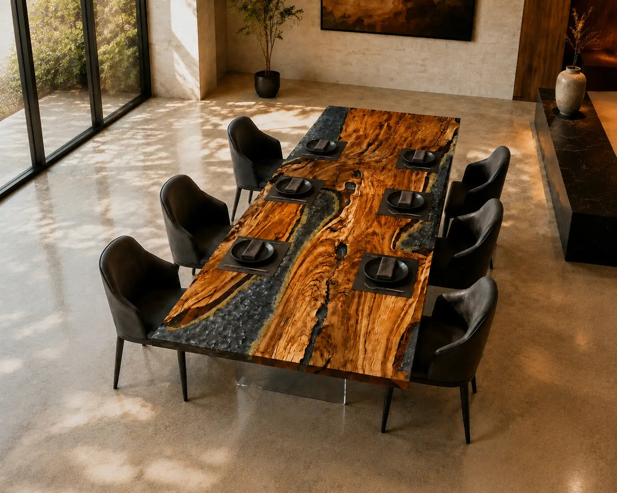 Smoky Crystal Channel Smoky Transparent Gray & Crystal Aggregate Epoxy River Olive Wood Dining Table DT81