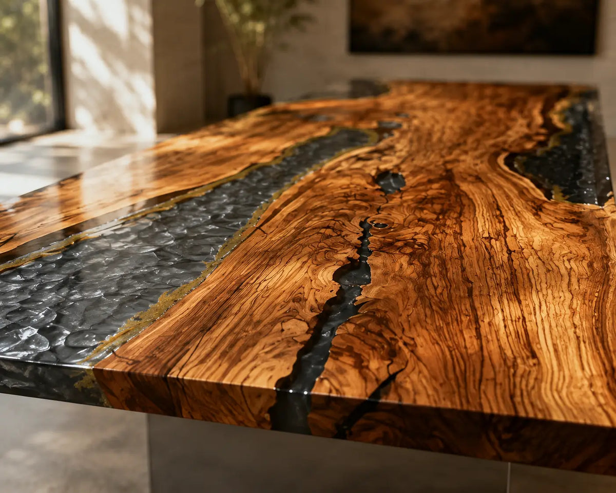 Smoky Crystal Channel Smoky Transparent Gray & Crystal Aggregate Epoxy River Olive Wood Dining Table DT81