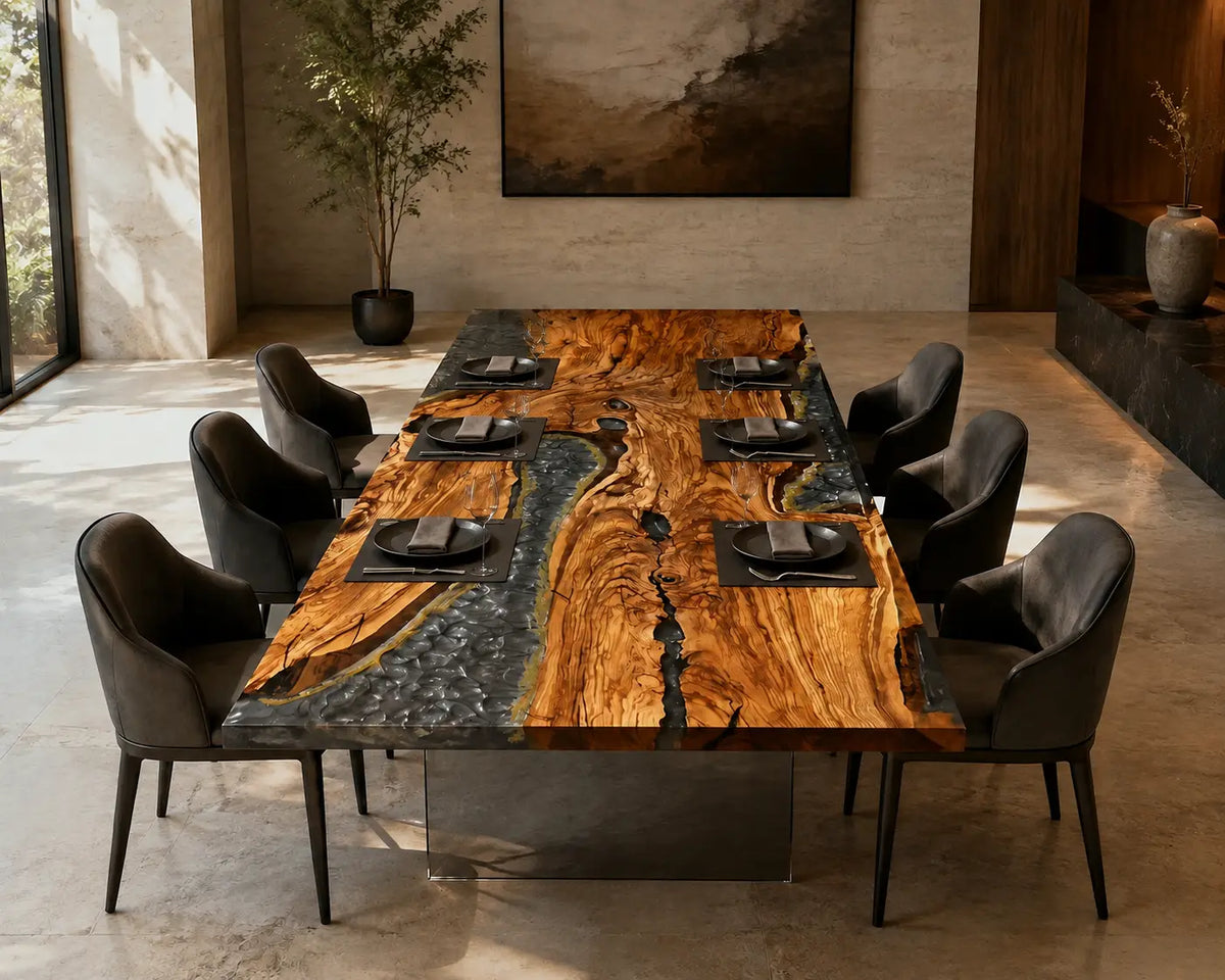Smoky Crystal Channel smoky transparent gray with crystal aggregate epoxy river olive wood dining table DT81