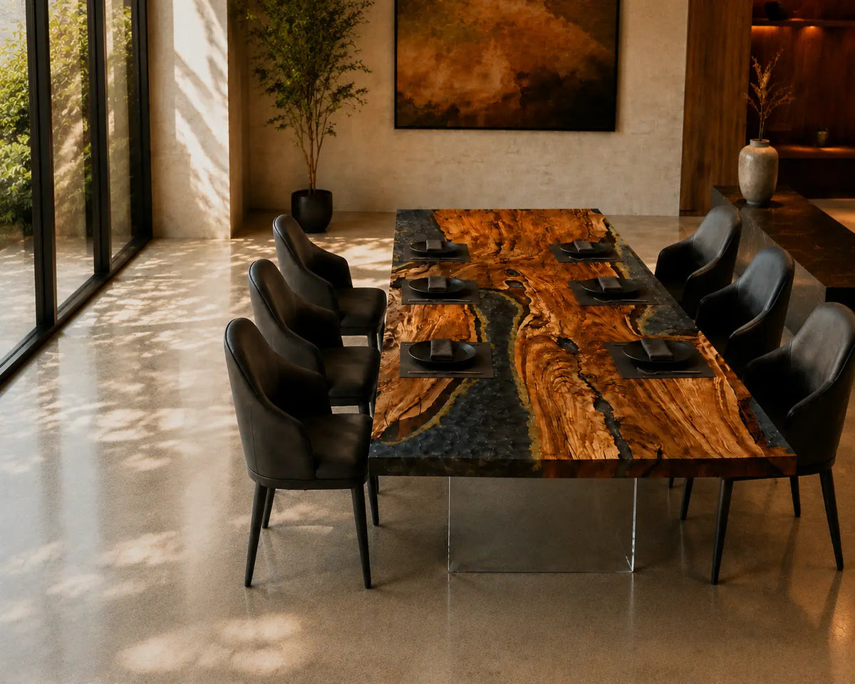 Smoky Crystal Channel Smoky Transparent Gray & Crystal Aggregate Epoxy River Olive Wood Dining Table DT81