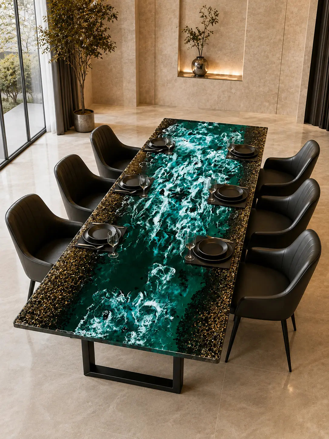 Emerald Marble Emerald Green & White Marble Swirl & Metallic Gold Flakes Epoxy Cedar Burl Dining Table DT82