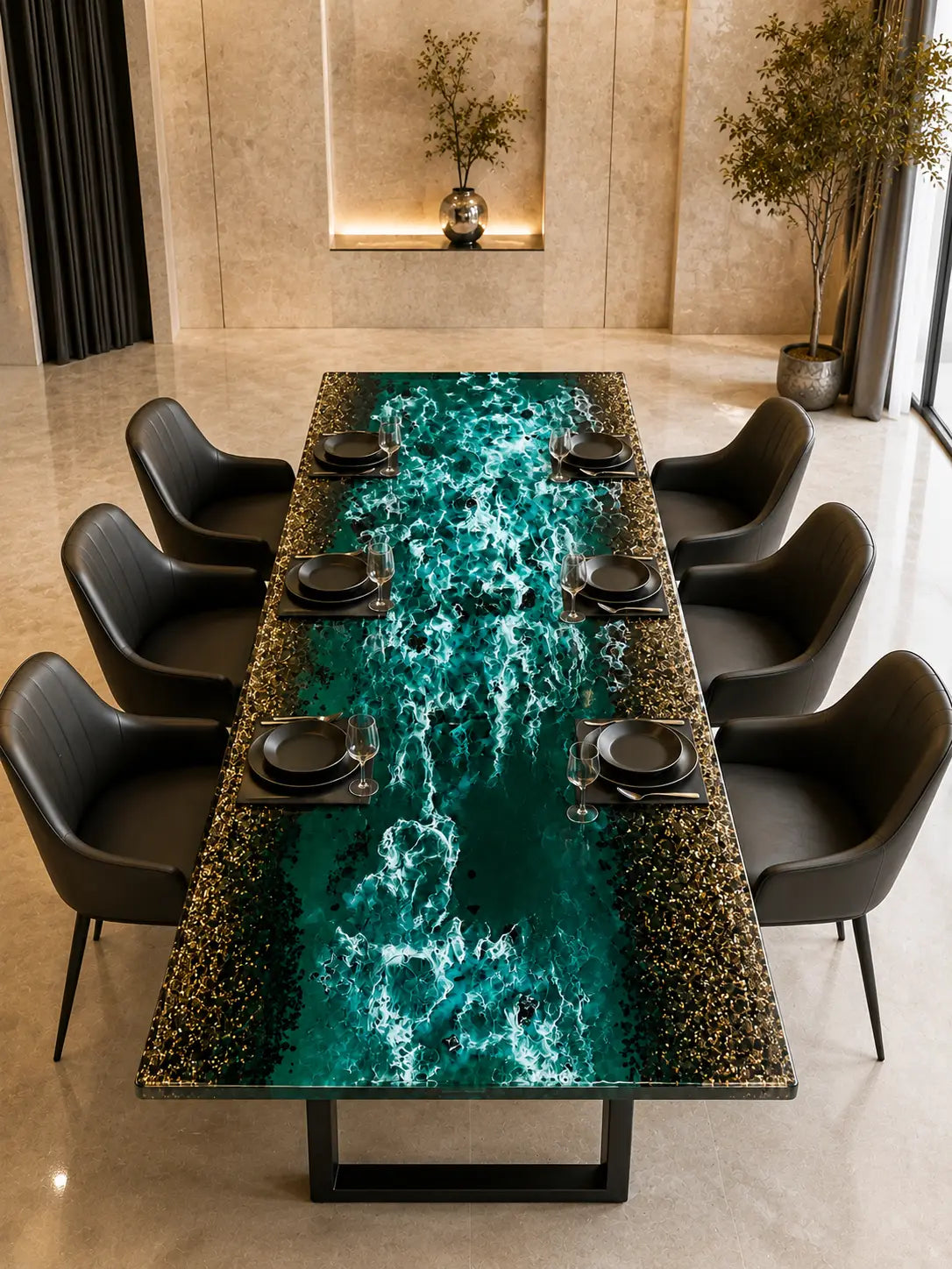 Emerald Marble Emerald Green & White Marble Swirl & Metallic Gold Flakes Epoxy Cedar Burl Dining Table DT82