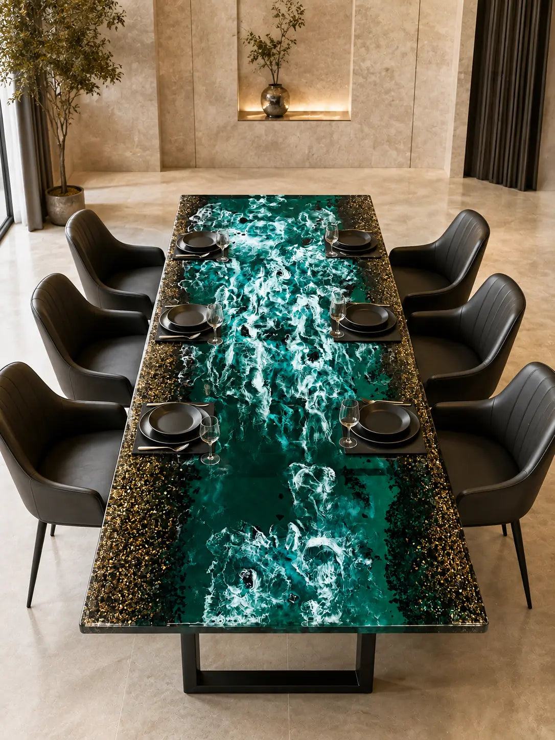 Emerald Marble Emerald Green & White Marble Swirl & Metallic Gold Flakes Epoxy Cedar Burl Dining Table DT82