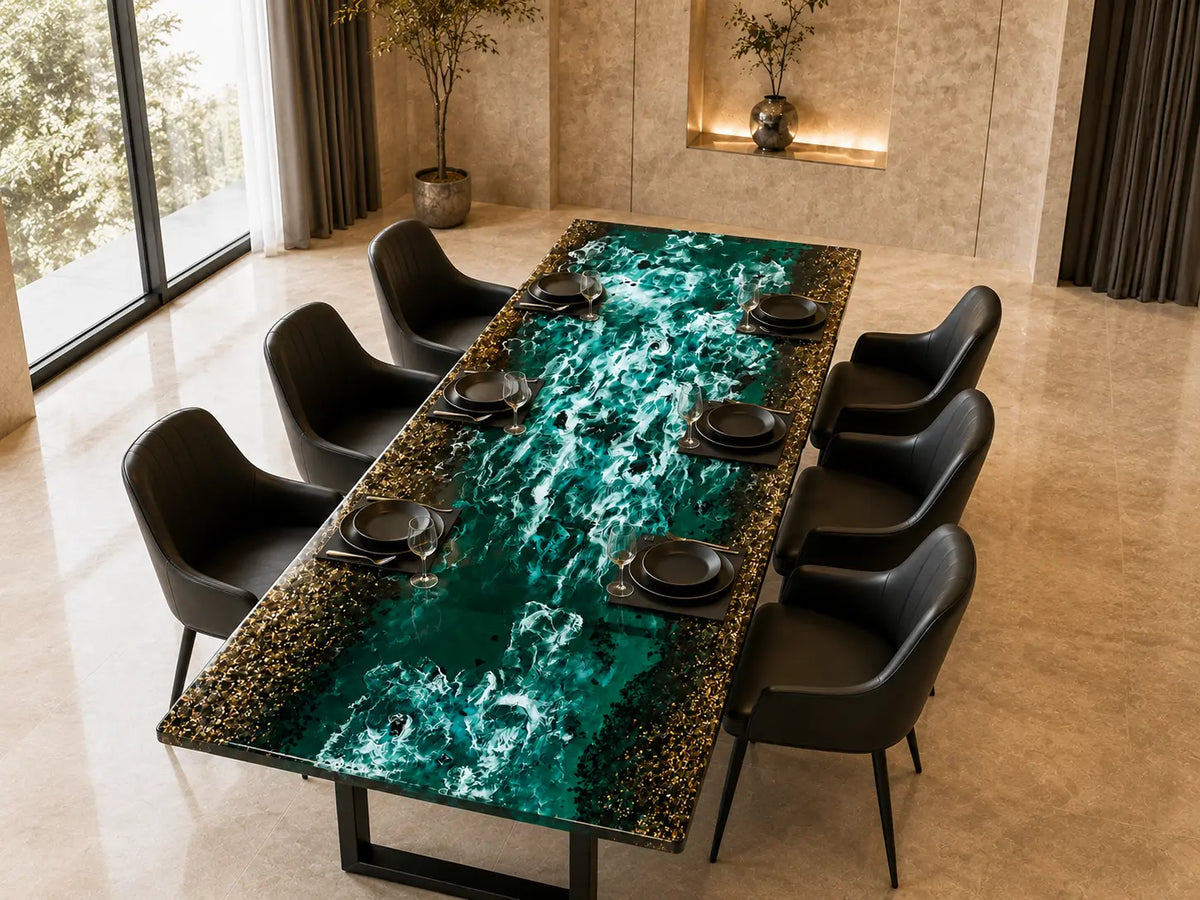 Emerald Marble emerald green with white marble swirl and metallic gold flakes epoxy cedar burl dining table DT82